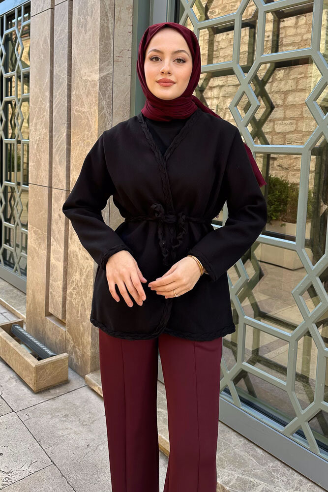 Saç Örgülü Kaşe Ceket - Siyah - 5