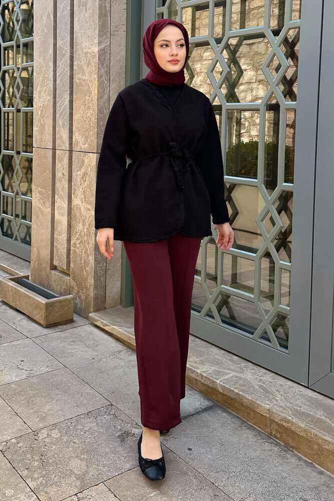 Saç Örgülü Kaşe Ceket - Siyah - 1