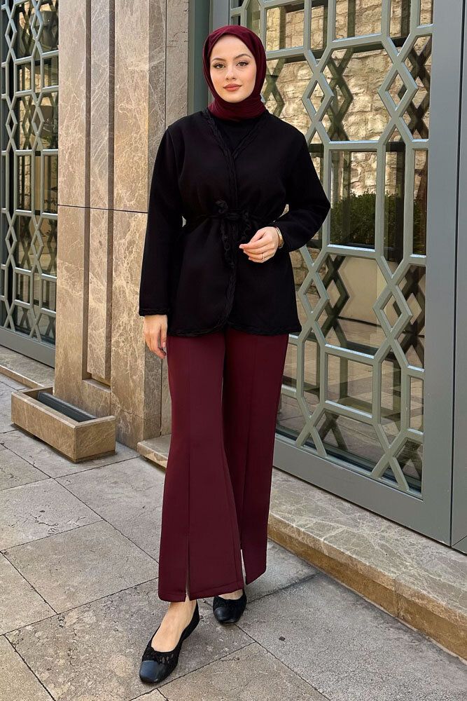 Saç Örgülü Kaşe Ceket - Siyah - 7