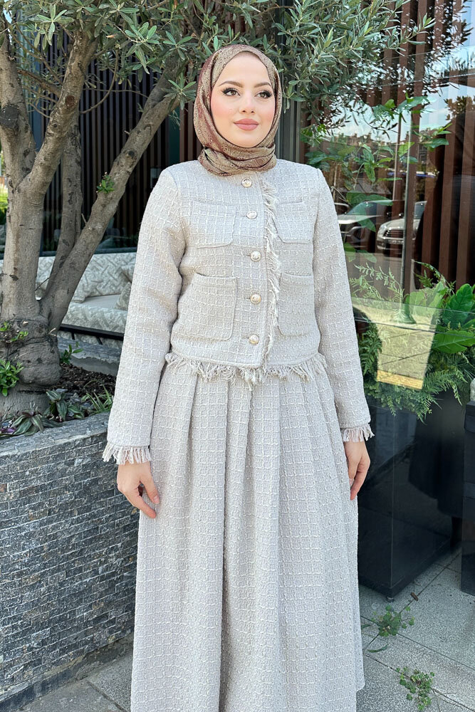 Saçaklı Tüvit Takım - Bej - 3
