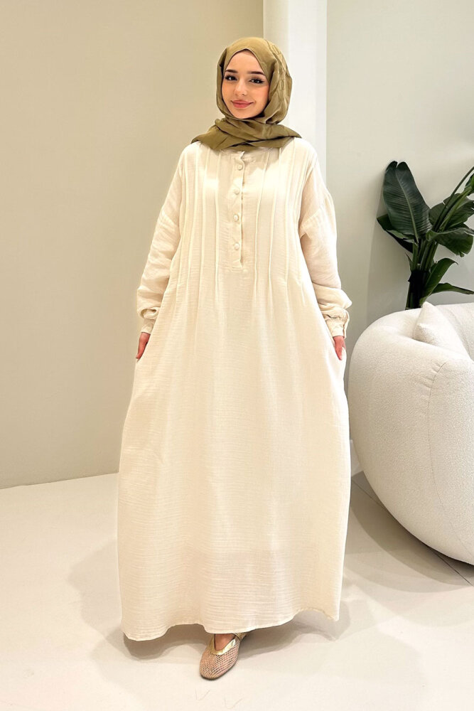 Sahra Yarım Düğmeli Müslin Elbise - Bej - 1