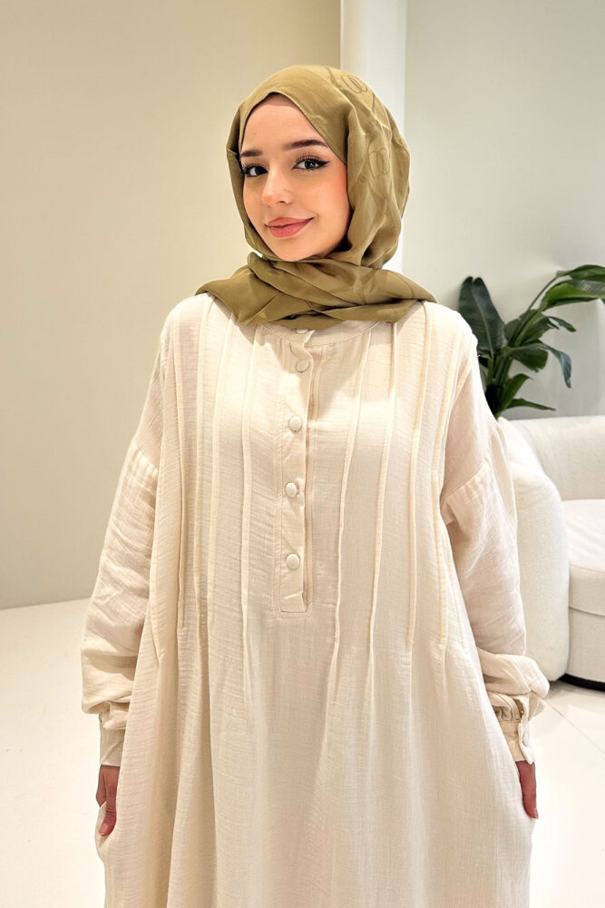 Sahra Yarım Düğmeli Müslin Elbise - Bej - 2