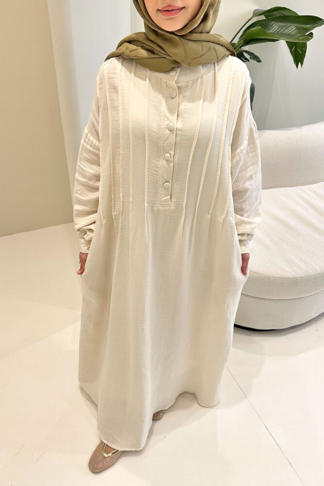 Sahra Yarım Düğmeli Müslin Elbise - Bej - ALLMİSS (2)