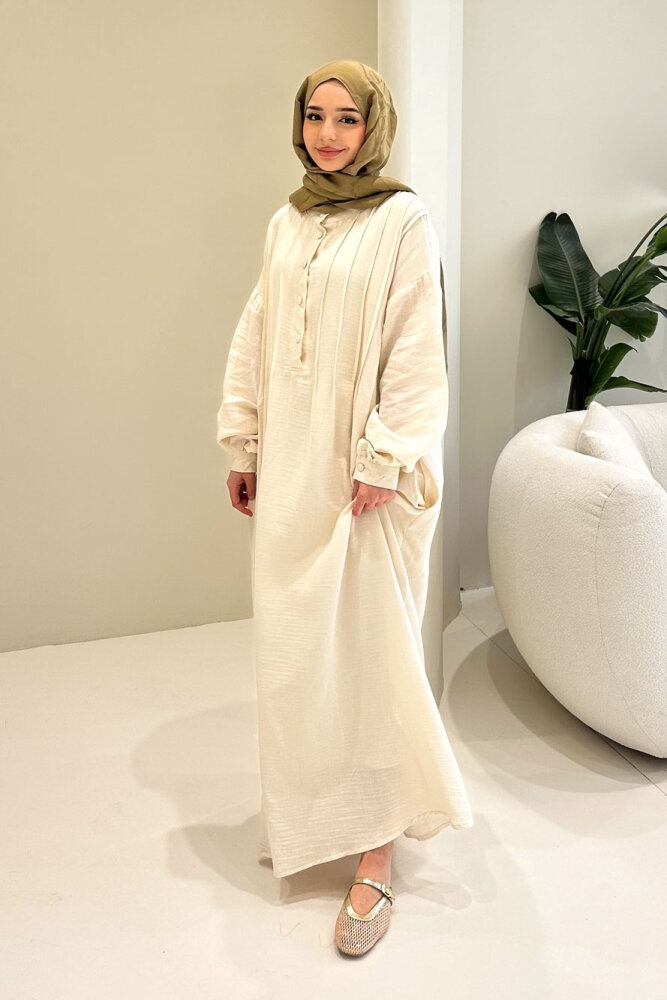 Sahra Yarım Düğmeli Müslin Elbise - Bej - ALLMİSS (4)