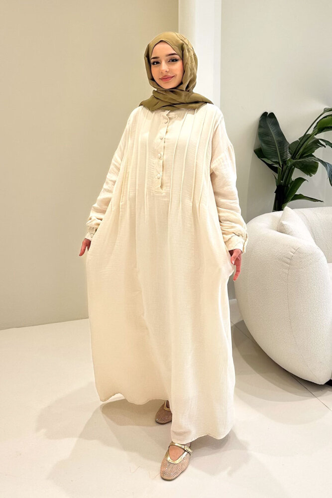 Sahra Yarım Düğmeli Müslin Elbise - Bej - 7