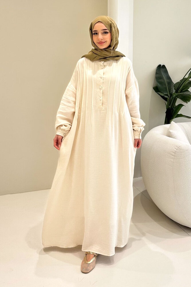 Sahra Yarım Düğmeli Müslin Elbise - Bej - 4