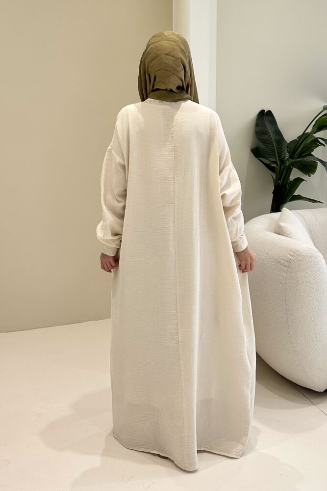 Sahra Yarım Düğmeli Müslin Elbise - Bej - 8