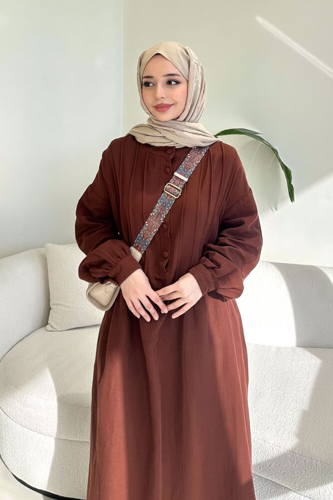 Sahra Yarım Düğmeli Müslin Elbise - Kahverengi - 4