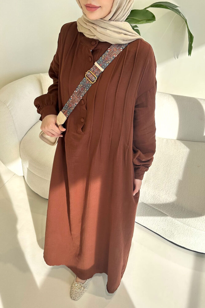 Sahra Yarım Düğmeli Müslin Elbise - Kahverengi - ALLMİSS (2)