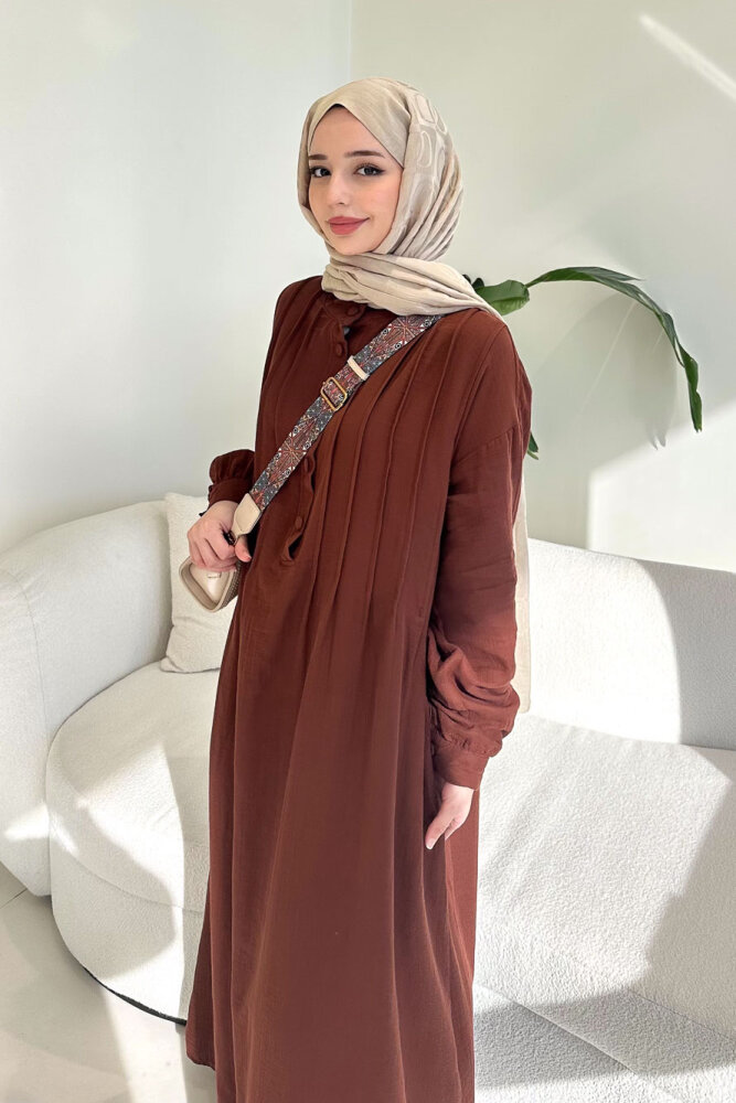 Sahra Yarım Düğmeli Müslin Elbise - Kahverengi - ALLMİSS (1)