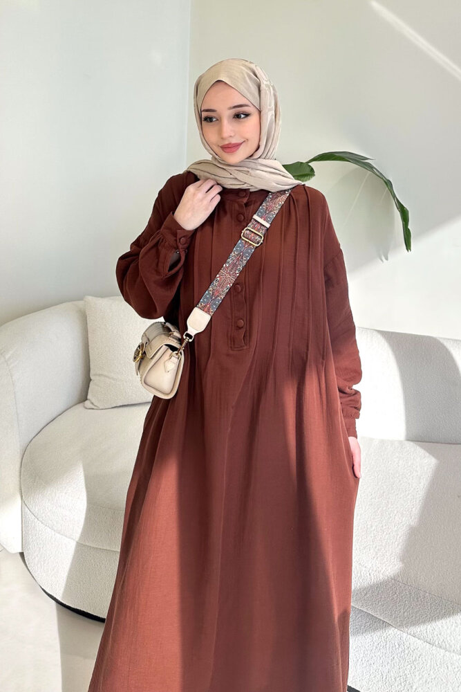 Sahra Yarım Düğmeli Müslin Elbise - Kahverengi - 7