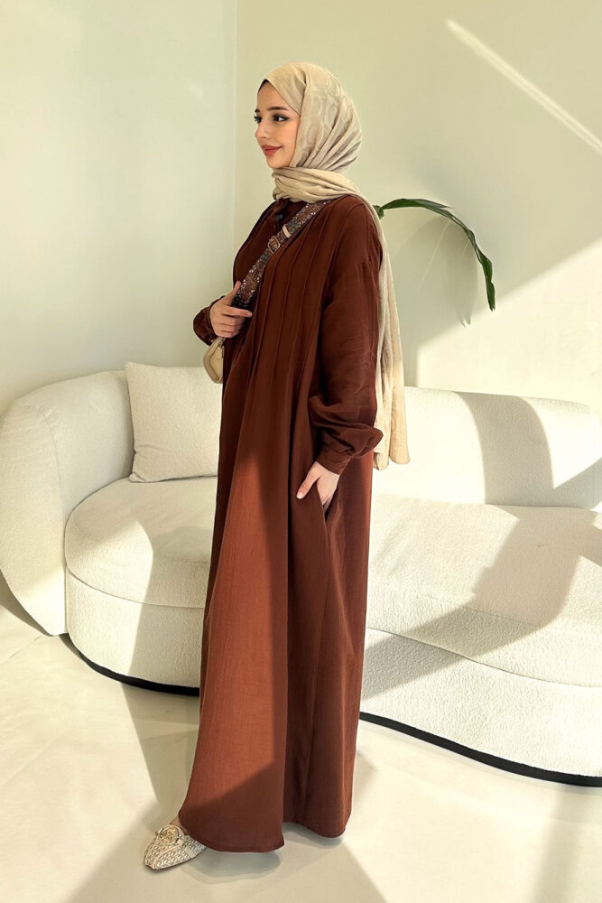 Sahra Yarım Düğmeli Müslin Elbise - Kahverengi - 6