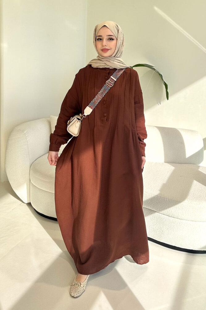 Sahra Yarım Düğmeli Müslin Elbise - Kahverengi - 5