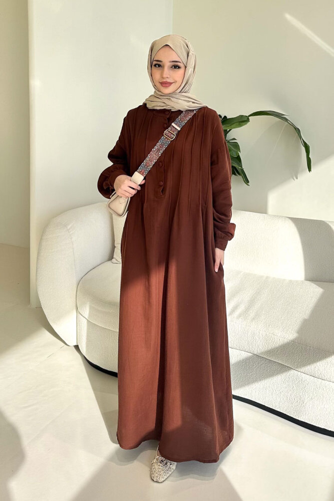 Sahra Yarım Düğmeli Müslin Elbise - Kahverengi - 1