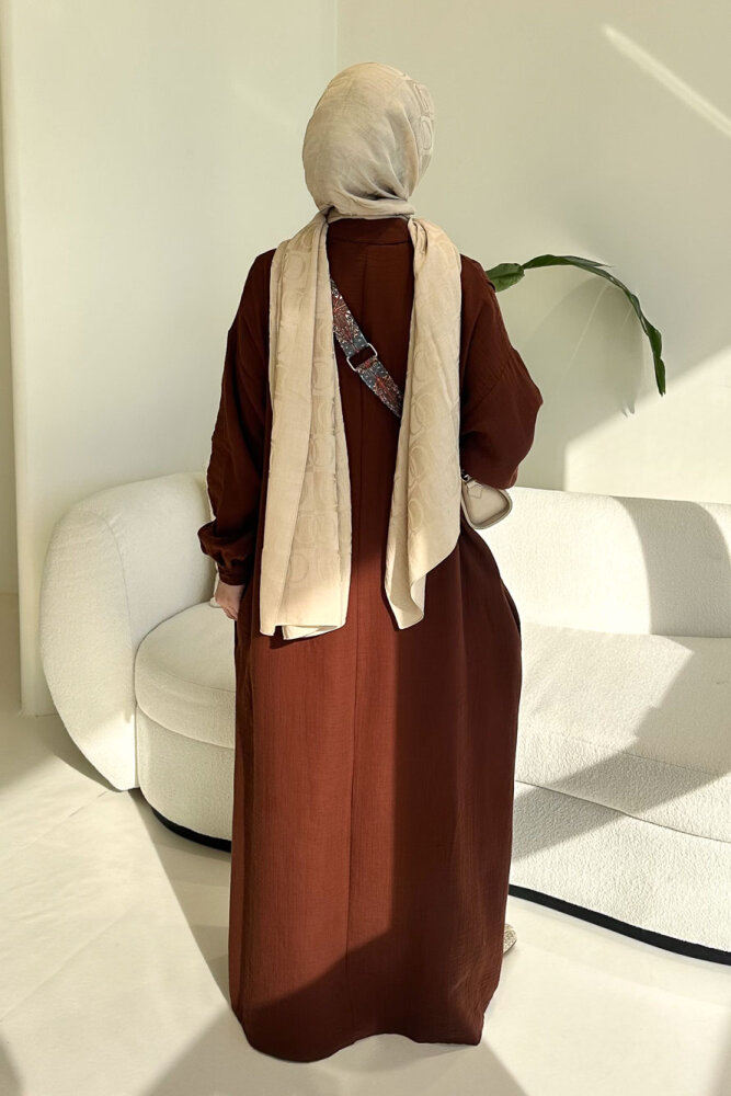 Sahra Yarım Düğmeli Müslin Elbise - Kahverengi - 8