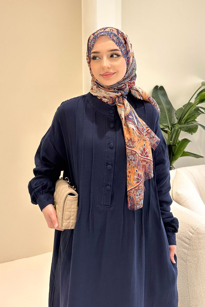 Sahra Yarım Düğmeli Müslin Elbise - Lacivert - 6