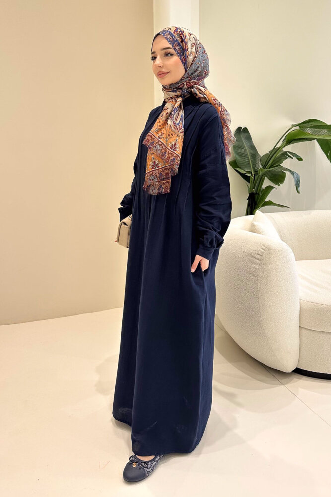 Sahra Yarım Düğmeli Müslin Elbise - Lacivert - 4