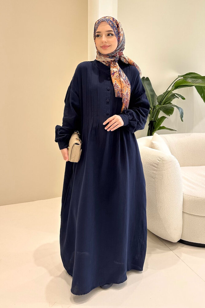 Sahra Yarım Düğmeli Müslin Elbise - Lacivert - 7