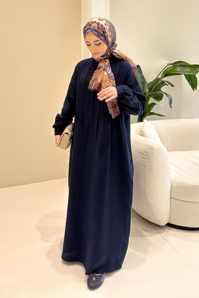 Sahra Yarım Düğmeli Müslin Elbise - Lacivert 