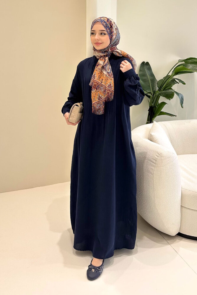 Sahra Yarım Düğmeli Müslin Elbise - Lacivert - 3