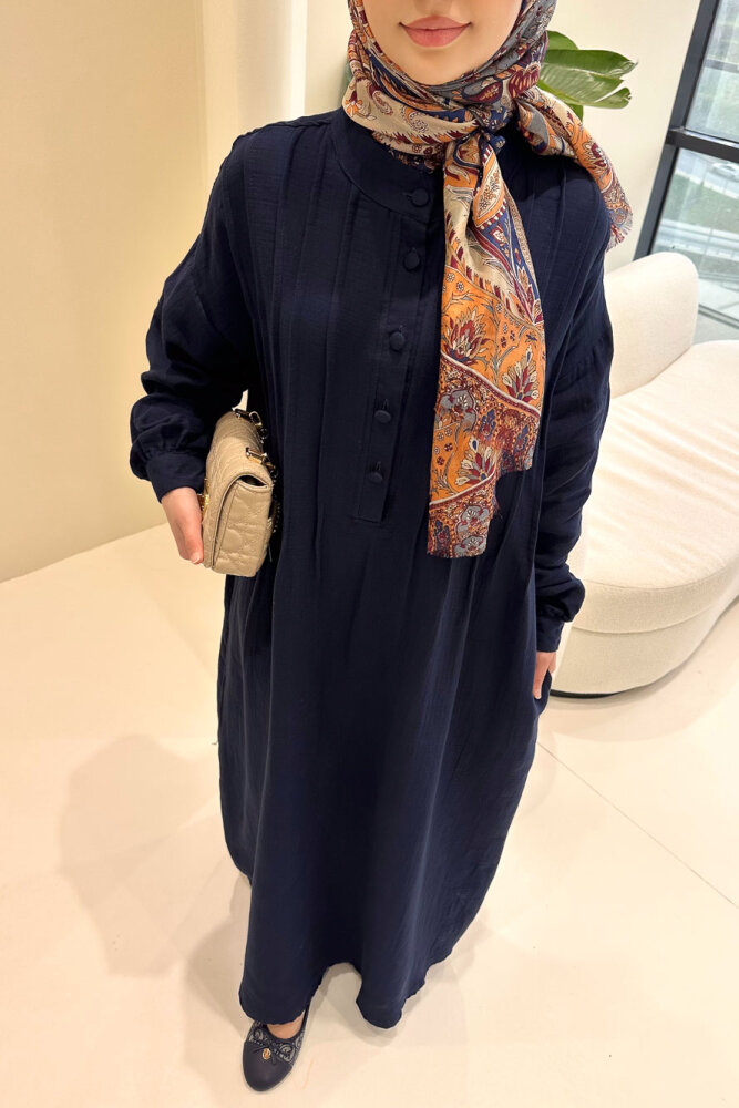 Sahra Yarım Düğmeli Müslin Elbise - Lacivert - ALLMİSS (4)
