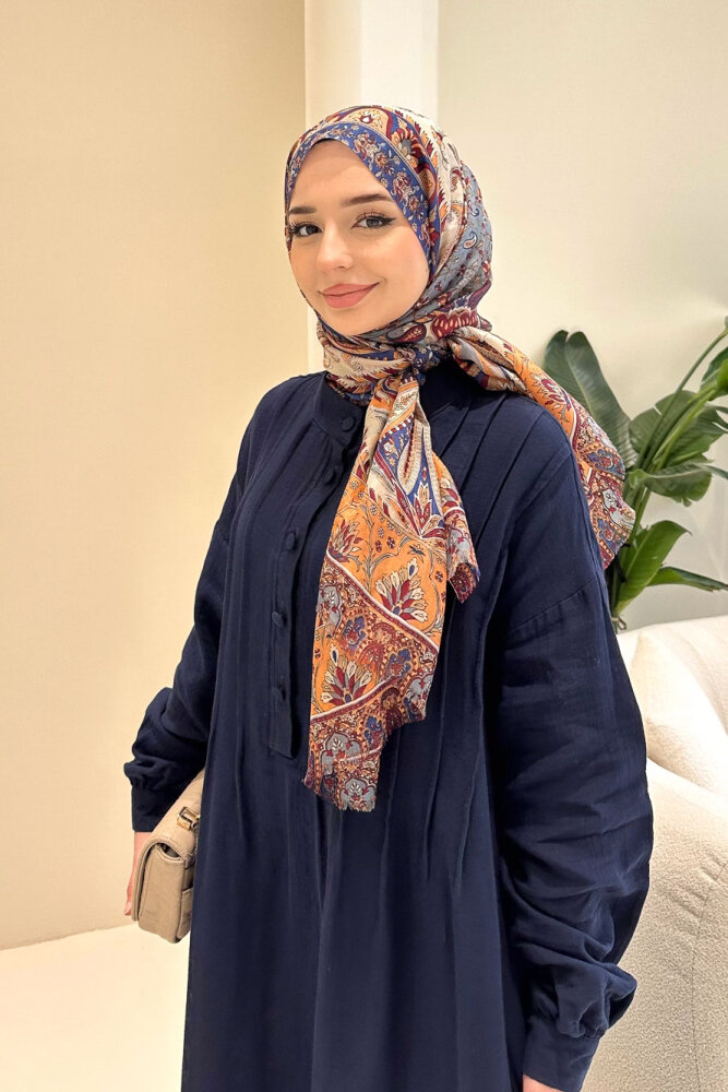 Sahra Yarım Düğmeli Müslin Elbise - Lacivert - 2