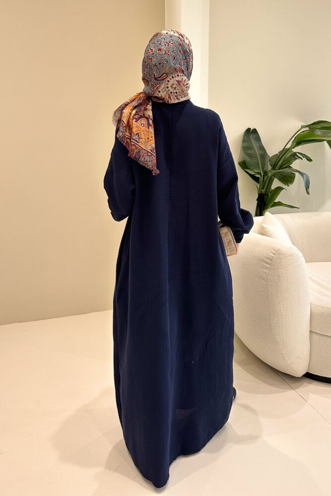 Sahra Yarım Düğmeli Müslin Elbise - Lacivert - 8
