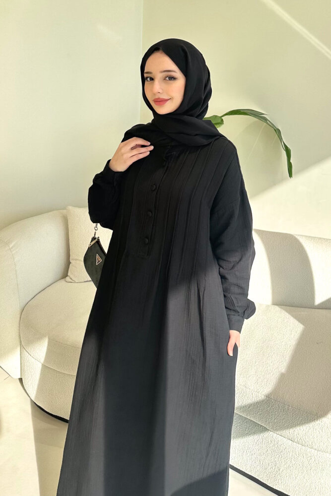 Sahra Yarım Düğmeli Müslin Elbise - Siyah - 7