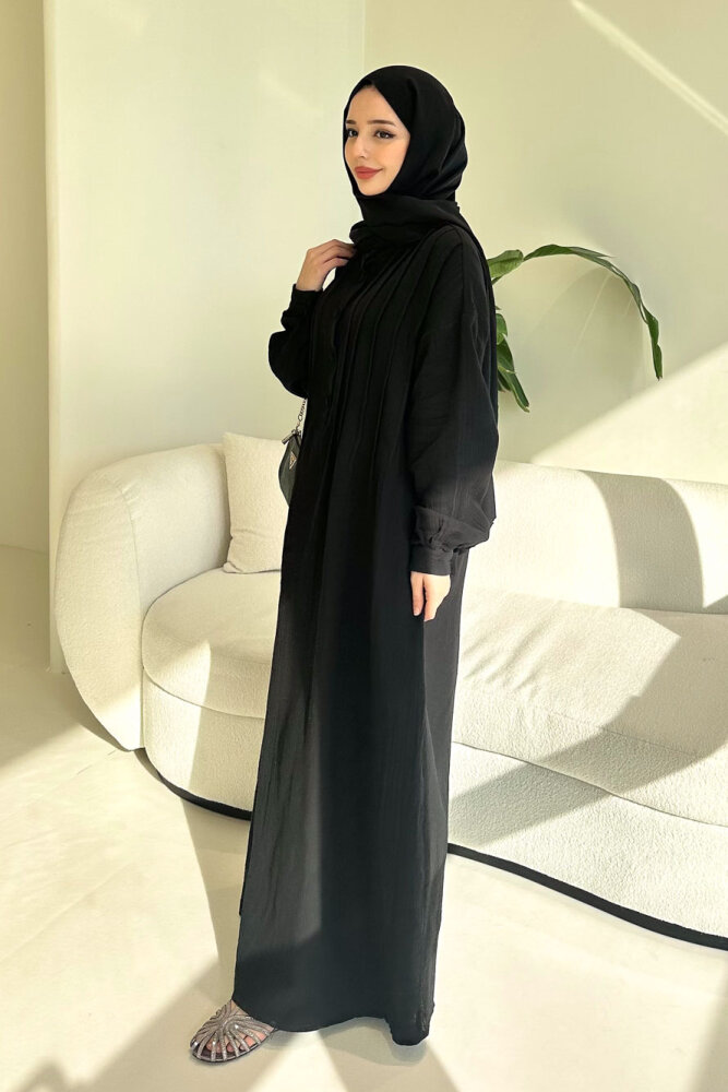 Sahra Yarım Düğmeli Müslin Elbise - Siyah - 5