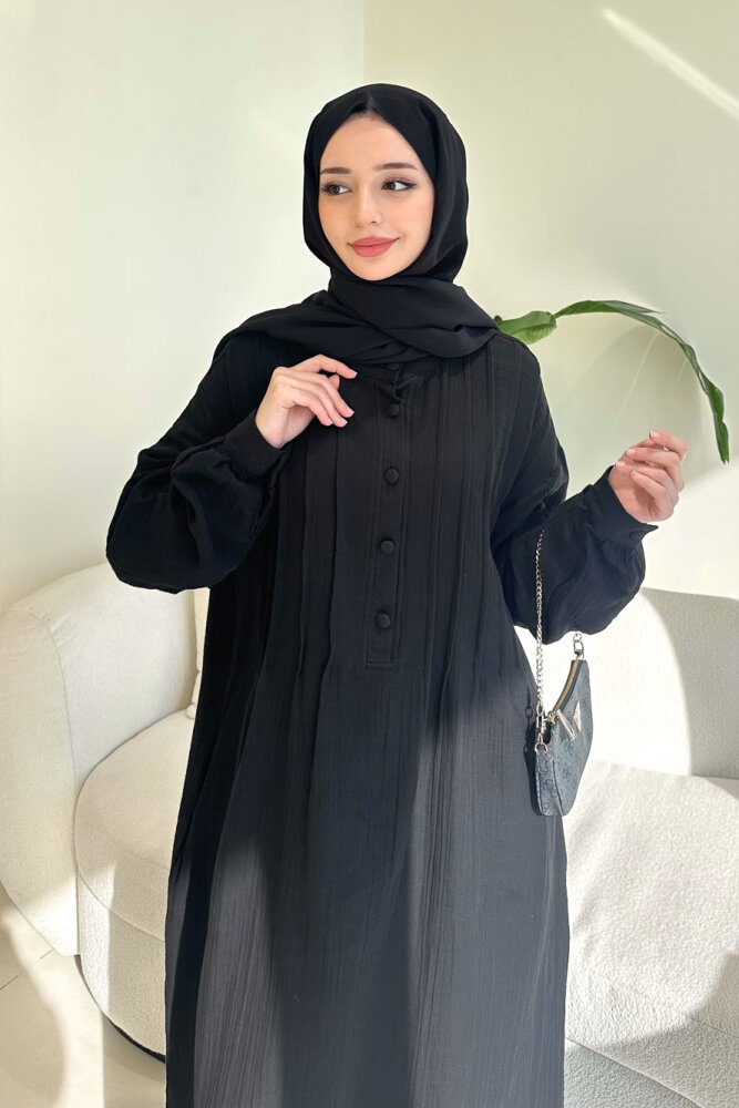 Sahra Yarım Düğmeli Müslin Elbise - Siyah - ALLMİSS (3)