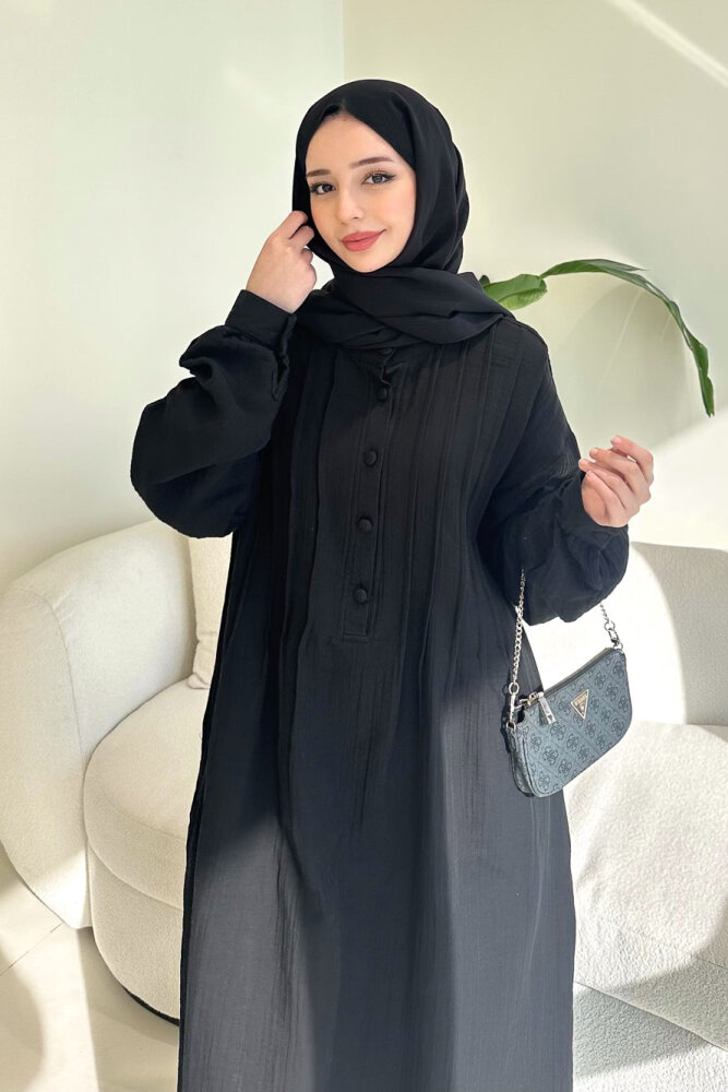 Sahra Yarım Düğmeli Müslin Elbise - Siyah - 10