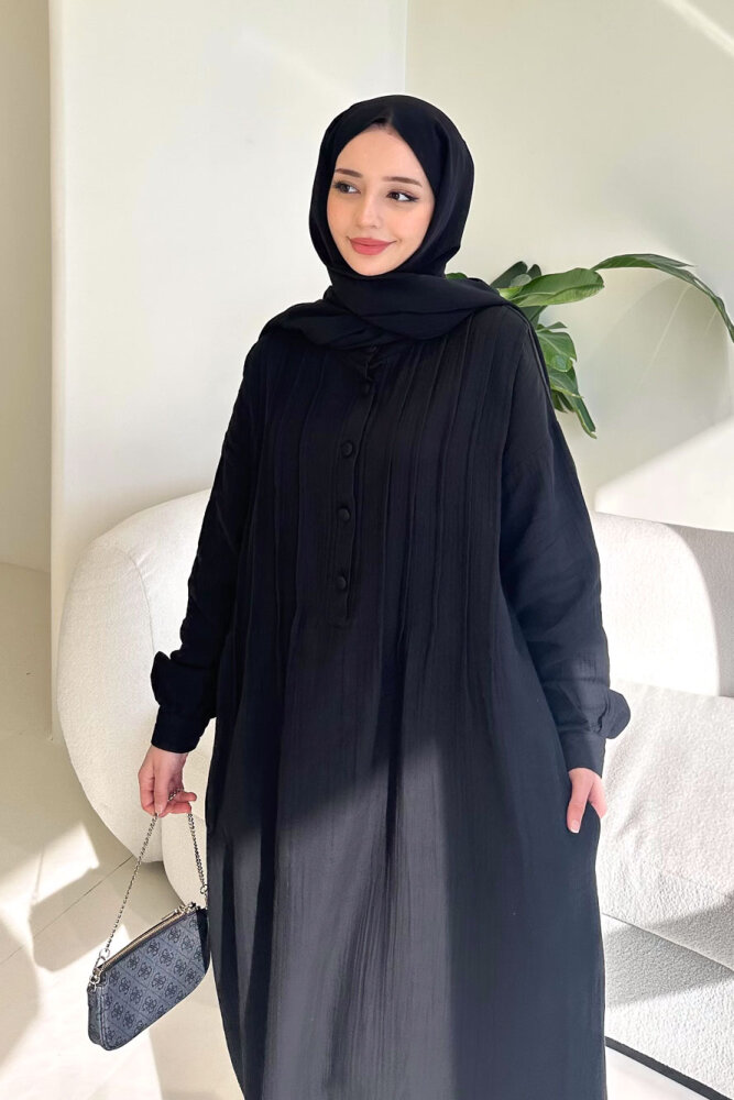 Sahra Yarım Düğmeli Müslin Elbise - Siyah - 1