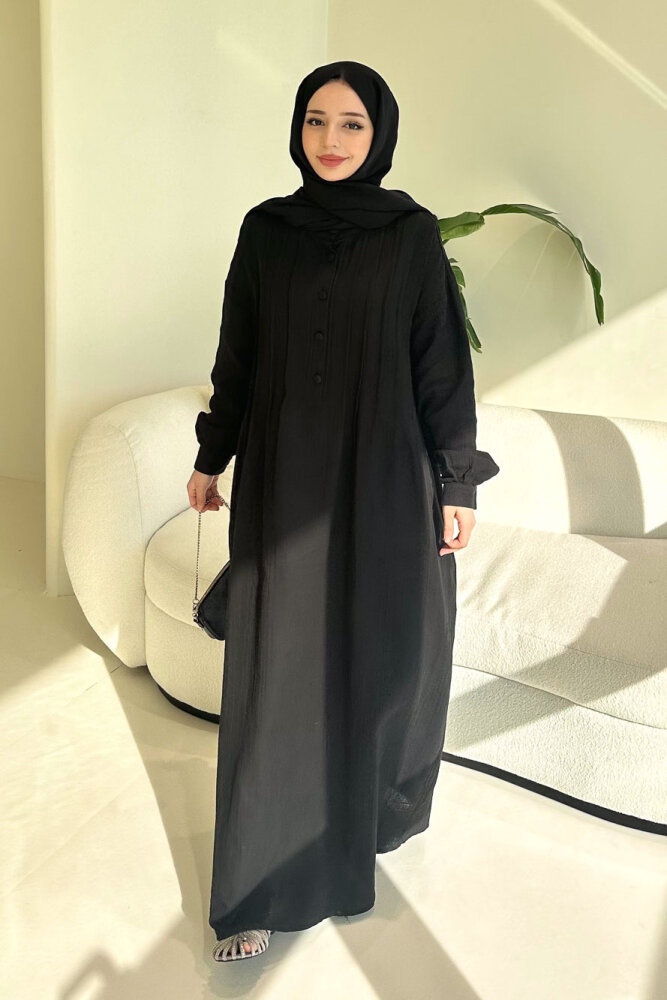 Sahra Yarım Düğmeli Müslin Elbise - Siyah - 8