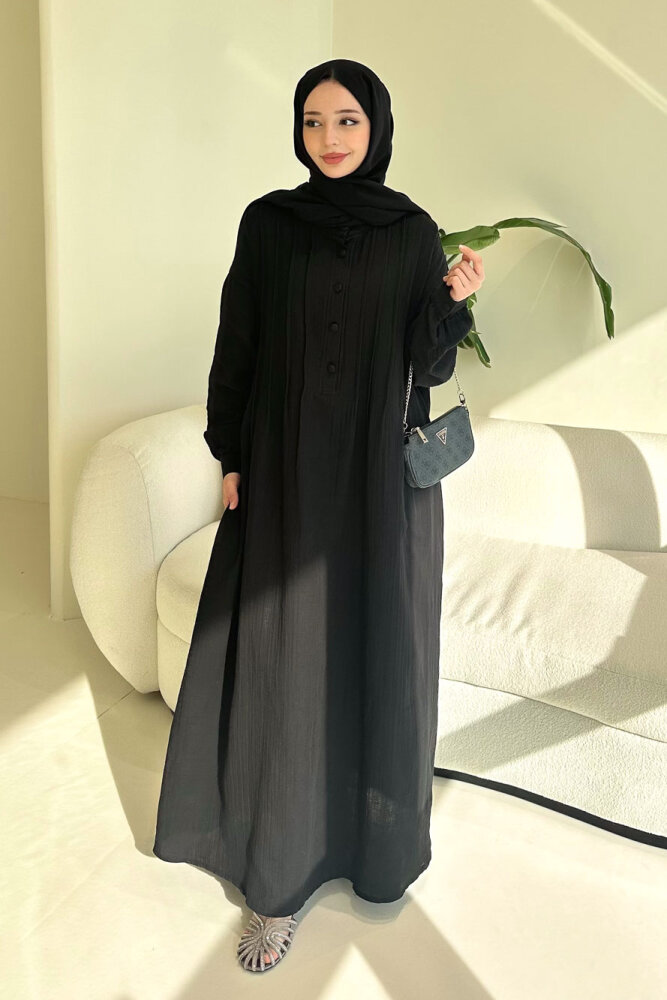 Sahra Yarım Düğmeli Müslin Elbise - Siyah - 3