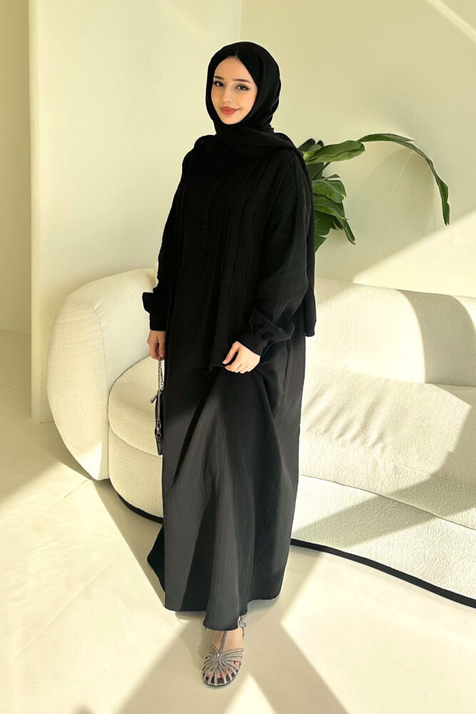 Sahra Yarım Düğmeli Müslin Elbise - Siyah - 2