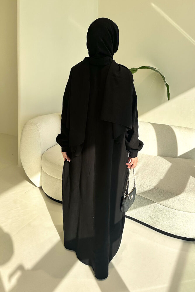 Sahra Yarım Düğmeli Müslin Elbise - Siyah - 9