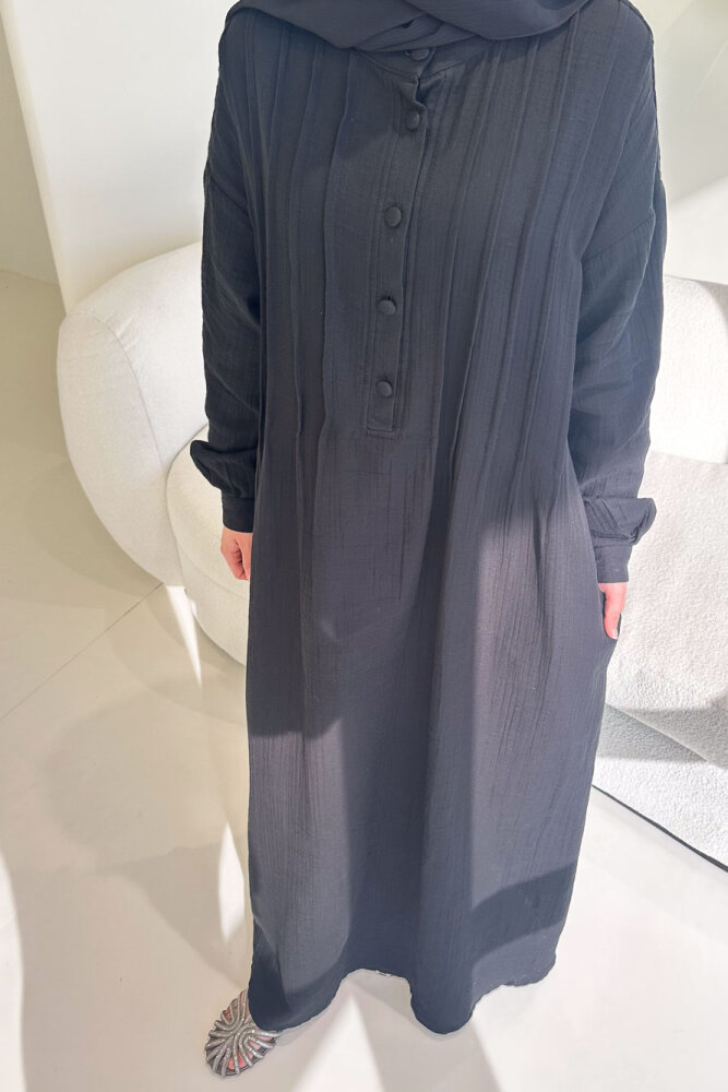 Sahra Yarım Düğmeli Müslin Elbise - Siyah - ALLMİSS (5)