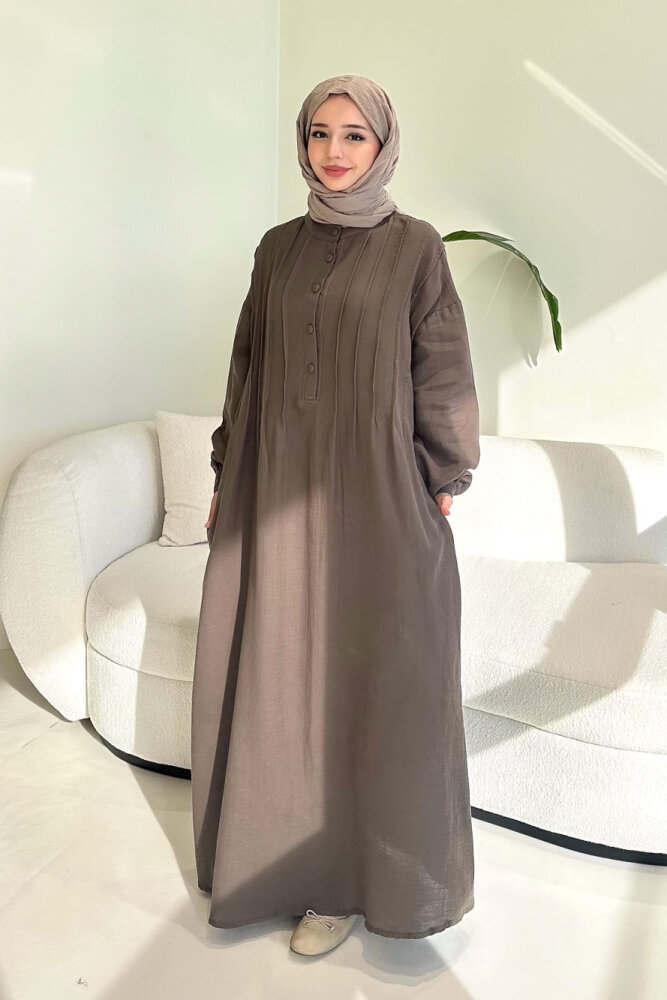 Sahra Yarım Düğmeli Müslin Elbise - Vizon - 1