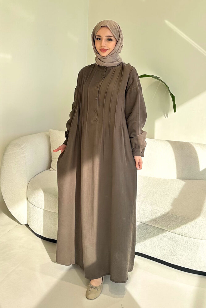 Sahra Yarım Düğmeli Müslin Elbise - Vizon - ALLMİSS (3)