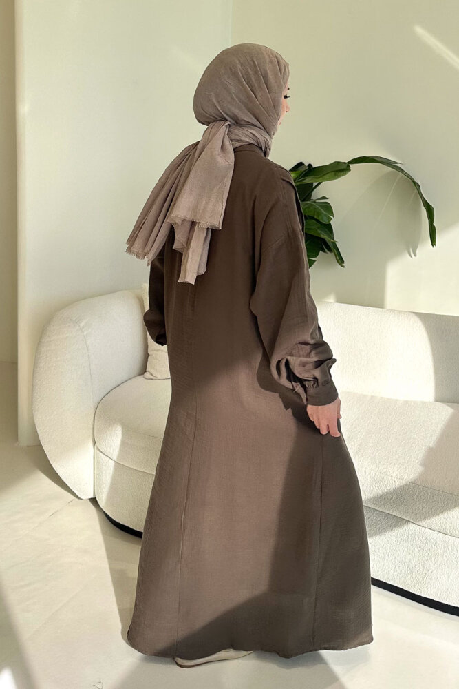 Sahra Yarım Düğmeli Müslin Elbise - Vizon - 5