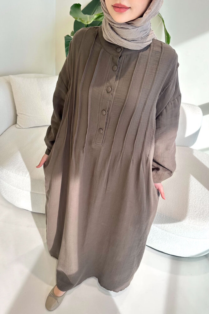 Sahra Yarım Düğmeli Müslin Elbise - Vizon - ALLMİSS (2)