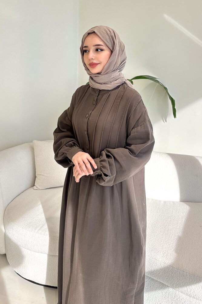 Sahra Yarım Düğmeli Müslin Elbise - Vizon - ALLMİSS (1)