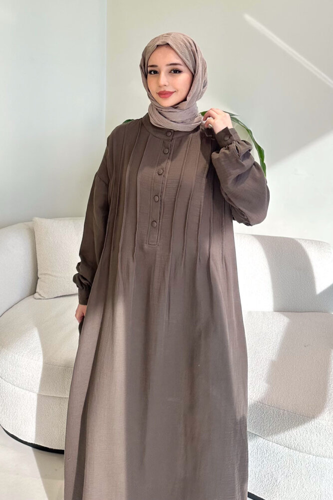 Sahra Yarım Düğmeli Müslin Elbise - Vizon - 6