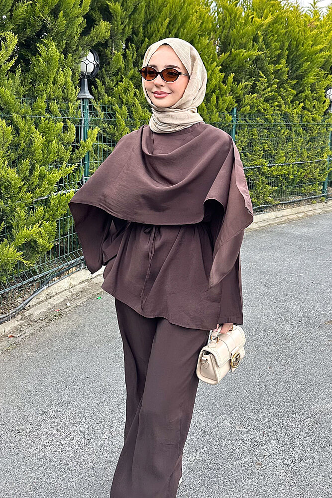 Şal Detaylı Pantolon Takım - Kahverengi - ENMA (3)