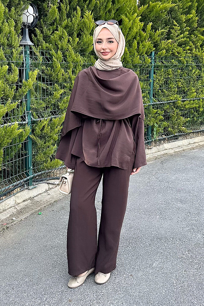 Şal Detaylı Pantolon Takım - Kahverengi - ENMA (4)
