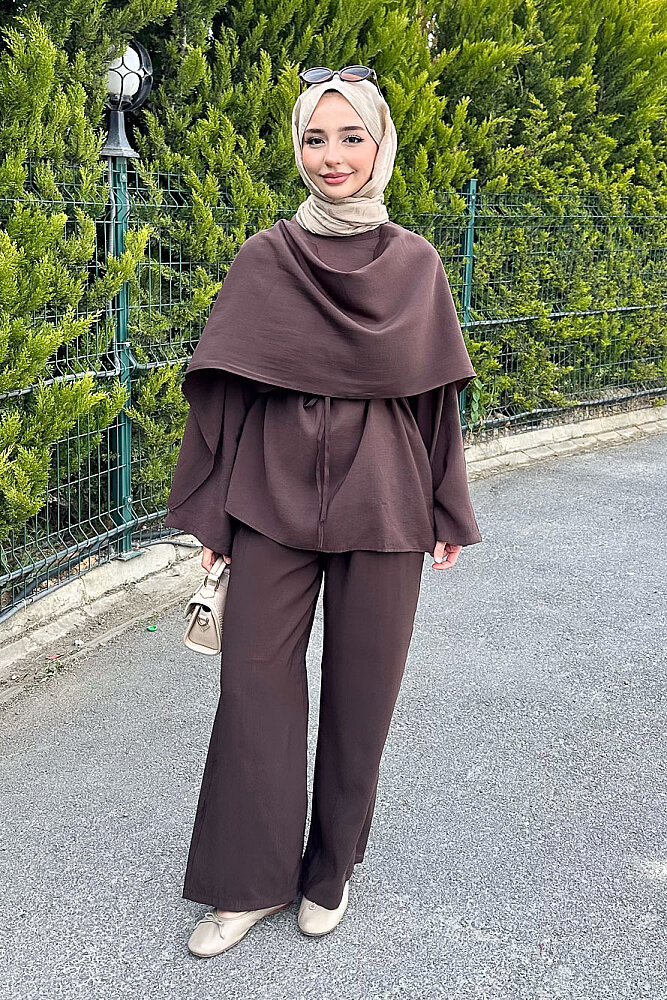 Şal Detaylı Pantolon Takım - Kahverengi - ENMA (1)