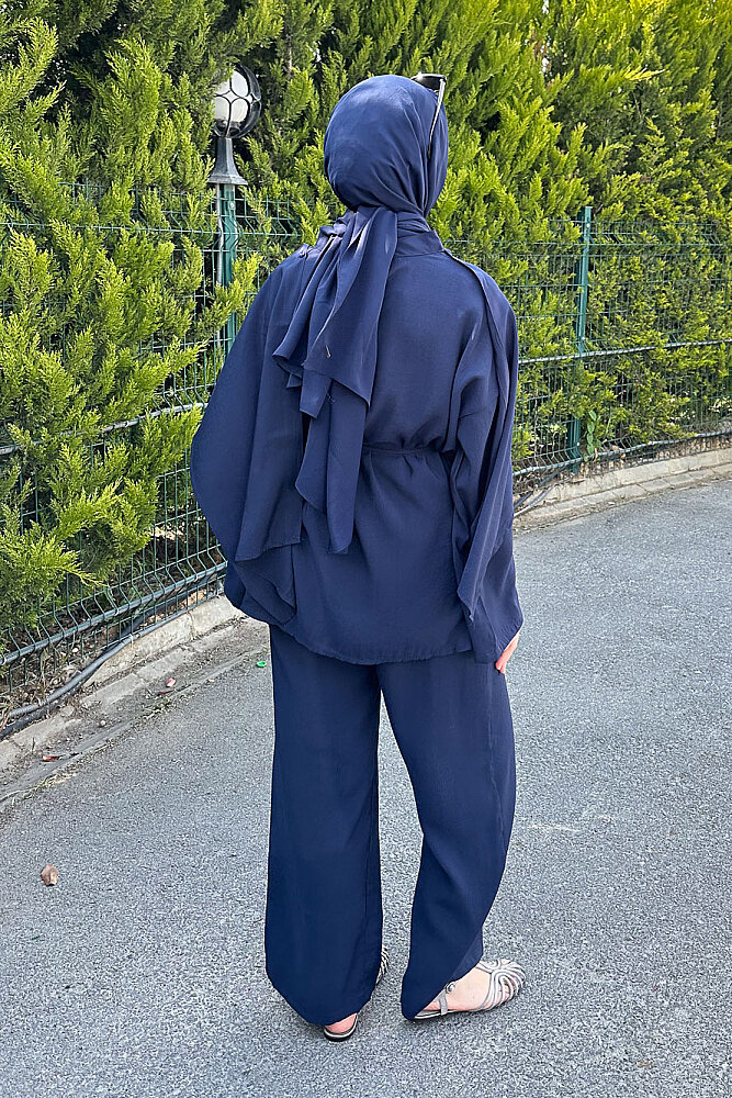 Şal Detaylı Pantolon Takım - Lacivert - 7