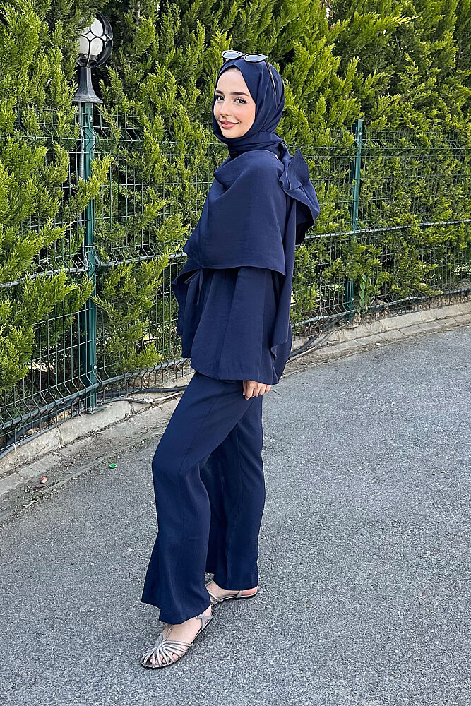 Şal Detaylı Pantolon Takım - Lacivert - 8