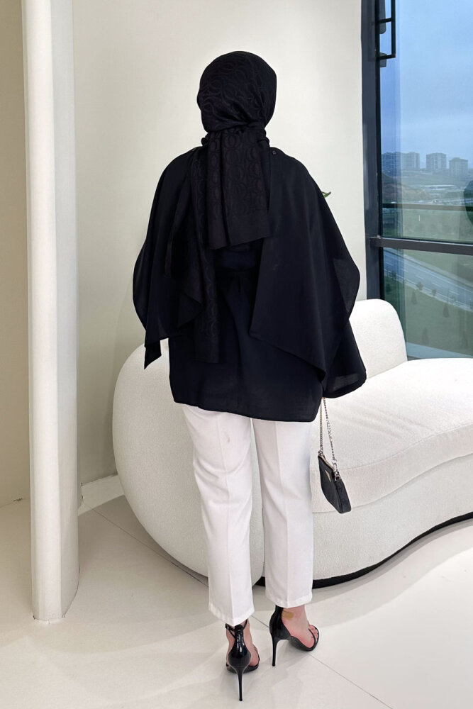 Şal Detaylı Yırtmaçlı Bluz - Siyah - 7