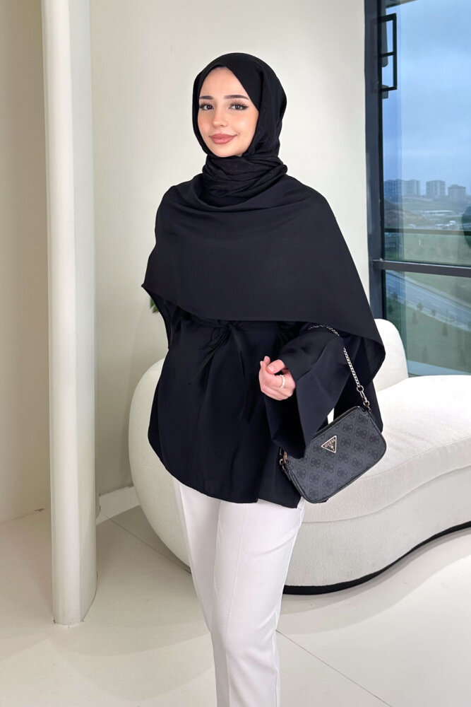 Şal Detaylı Yırtmaçlı Bluz - Siyah - 6